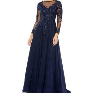 Mac Duggal Midnight Blue Embellished Lace Long Sleeve Mesh Ballgown